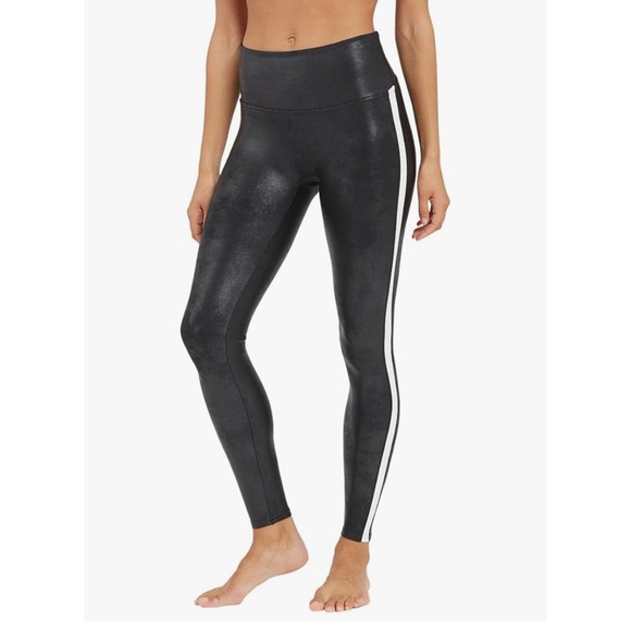 SPANX Pants - SPANX Faux Leather Leggings Black White Stripe High Waisted Womens Large